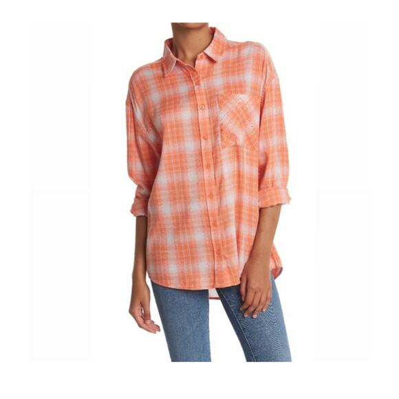 NWT Abound Oversized plaid Shirt Orange Size Medium - Picture 1 of 6
